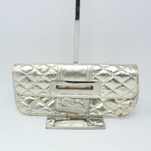 Vintage Womens Quilted Handbag Metallic Silver Diamond Turnlock Pocket